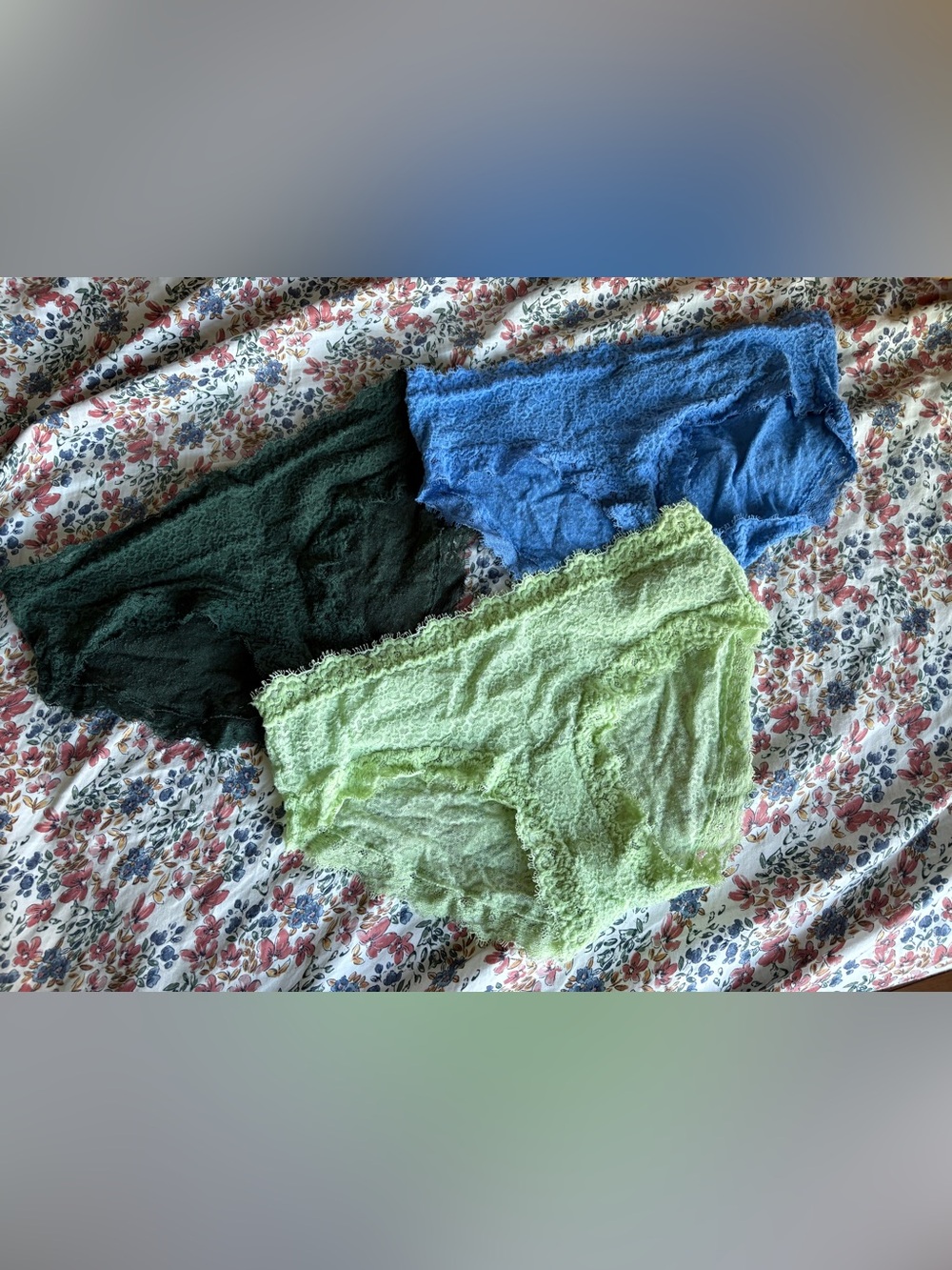 aerie Lace Bikini Panty Trio in Green, Blue, and Black